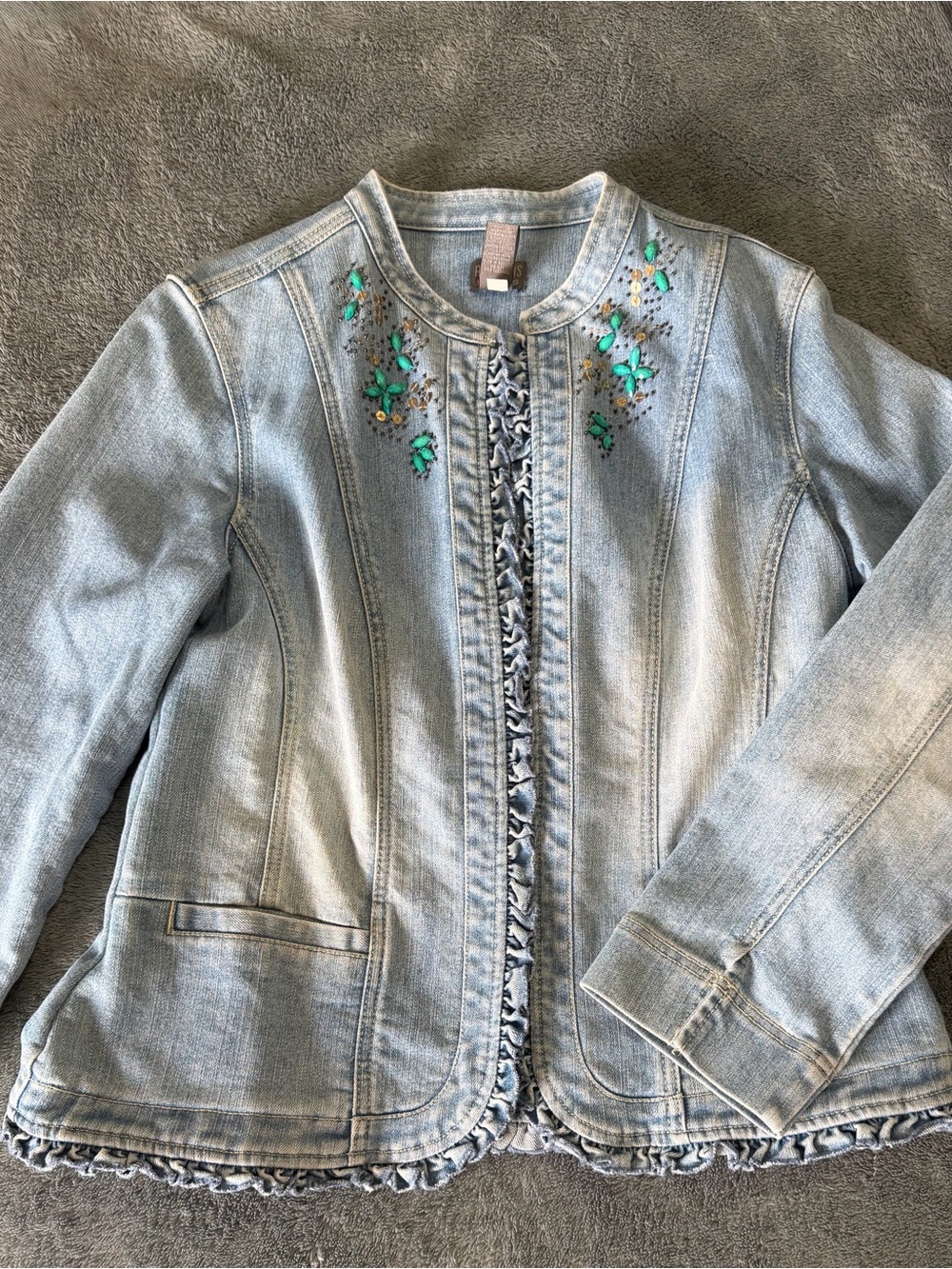 Light Wash Embroidered Denim Jacket - Women